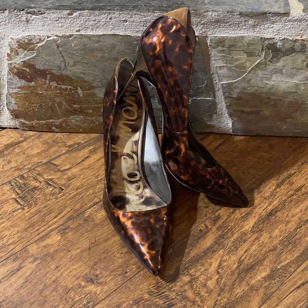 Sam Edelman, shiny tortoise shell patterned heels.